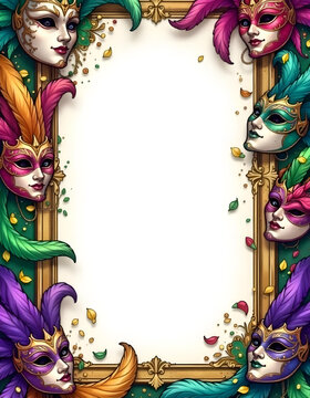 frame with colorful masks, Mardi Gras frame of colorful masks, Mardi Gras colorful frame background, Mardi Gras border, Watercolor Mardi Gras masks Frame.	