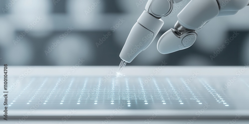 Poster A robotic hand delicately interacts with a transparent screen displaying digital data or information.