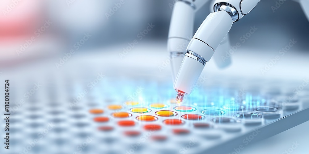 Poster a robotic hand interacts with a colorful microplate, showcasing advanced technology in scientific re