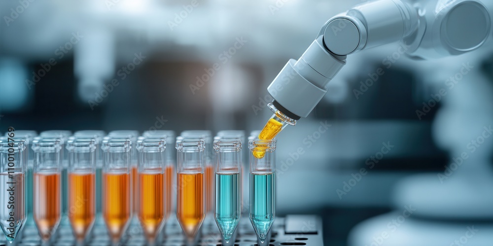 Poster a robotic arm dispenses liquid into test tubes, showcasing automation in a laboratory setting with a