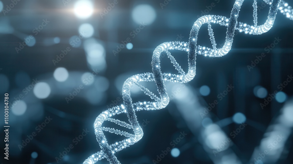 Aufkleber A close-up view of a DNA strand illuminated in a futuristic digital environment, highlighting its structure and complexity.