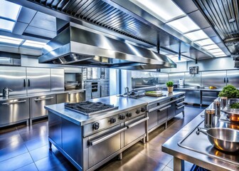 State-of-the-art commercial kitchen featuring advanced smoke and fume filtration, efficient airflow, and a stylish design, creating an optimal culinary workspace for professional chefs.
