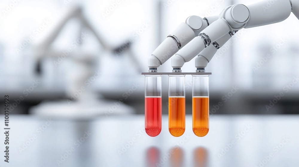Aufkleber A robotic arm holds three test tubes filled with colorful liquids, showcasing the intersection of technology and science in a laboratory setting.