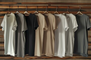 Obraz premium Row of shirts hanging on a rack, including white, tan, and black
