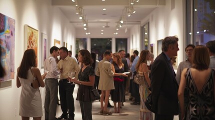 Art gallery opening with diverse people mingling, discussing art under bright lighting, showcasing creativity and cultural expression.