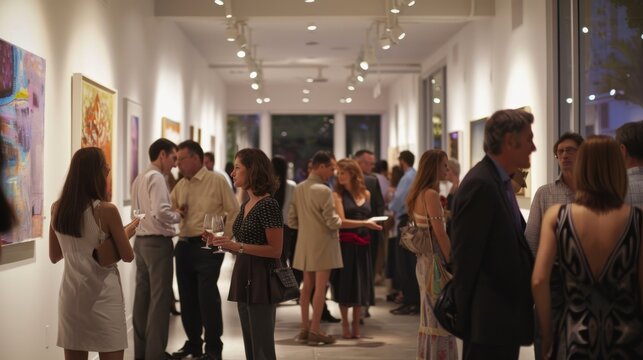 Art gallery opening with diverse people mingling, discussing art under bright lighting, showcasing creativity and cultural expression.