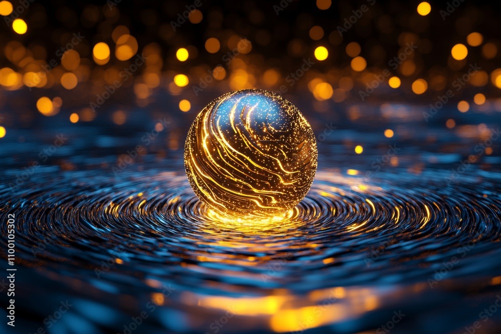 Poster A 3D rendering of a glowing futuristic orb surrounded by dynamic energy waves, symbolizing power and awe