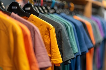 Obraz premium Rack of shirts with a variety of colors including orange, green, and blue