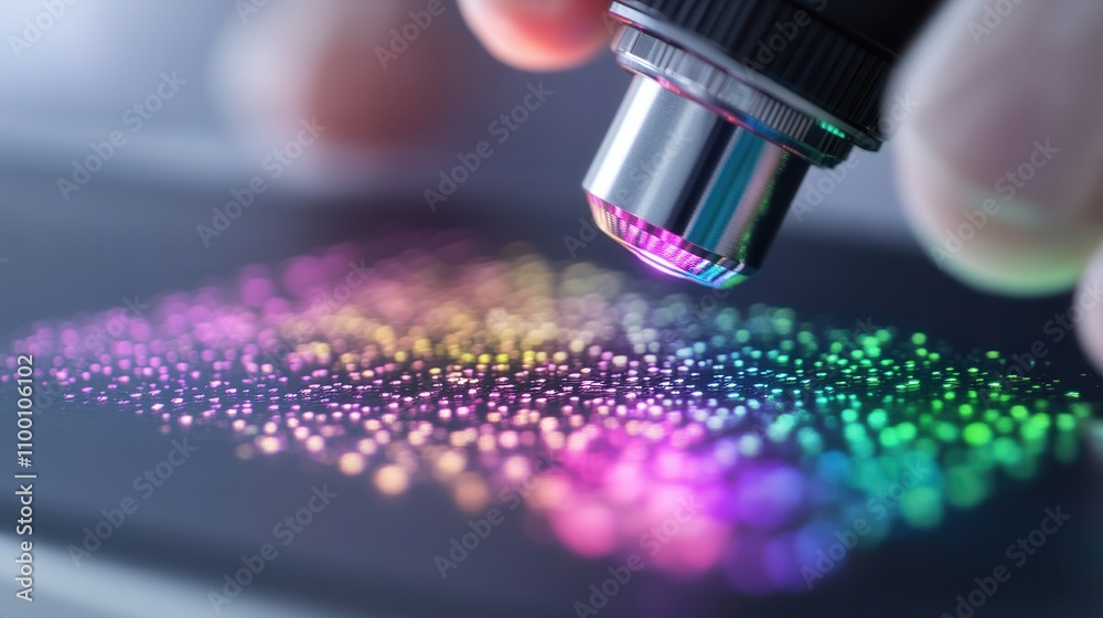 Aufkleber a close-up of a microscope lens illuminating a colorful pattern of tiny dots, showcasing vibrant col