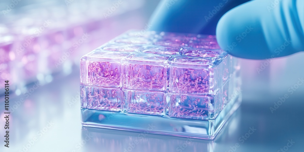 Poster a gloved hand delicately handles a translucent gel block filled with vibrant pink substances, showca
