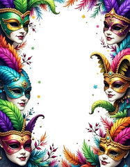 frame with colorful masks, Mardi Gras frame of colorful masks, Mardi Gras colorful frame background, Mardi Gras border, Watercolor Mardi Gras masks Frame.