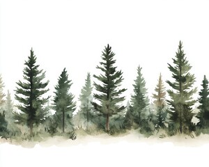 Obraz premium A serene watercolor depiction of evergreen trees on a white background.