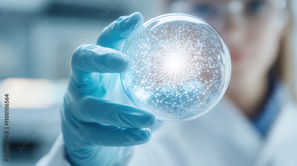 Poster a scientist in a lab holds a glowing orb, illustrating the concept of scientific discovery and innov