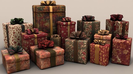 17. A clipart set of wrapped presents in various sizes and patterns, complete with decorative bows