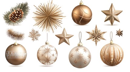 12. A pack of clipart elements showcasing Christmas baubles, tinsel, and stars in metallic tones