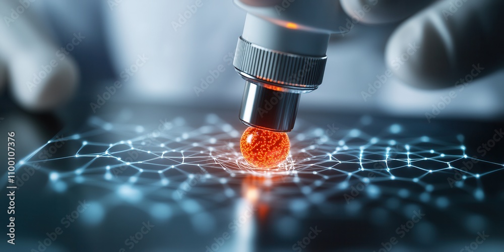 Poster A close-up of a hand using a scientific instrument to manipulate a glowing red sphere on a patterned surface, suggesting advanced technology and research.