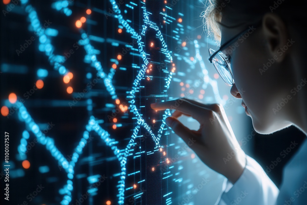 Poster A scientist examines digital data patterns on a glowing screen, showcasing advanced technology and research in a laboratory setting.