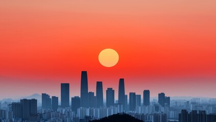 Fototapeta premium An evening sunset over a cityscape and mountain range represents tranquility and reflection.