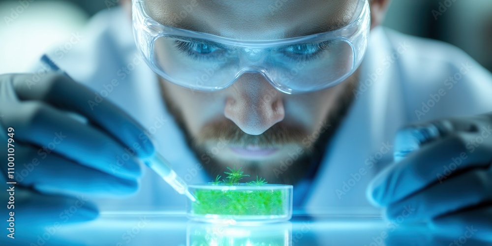 Poster a focused scientist examines a glowing petri dish using a pipette, showcasing modern laboratory tech