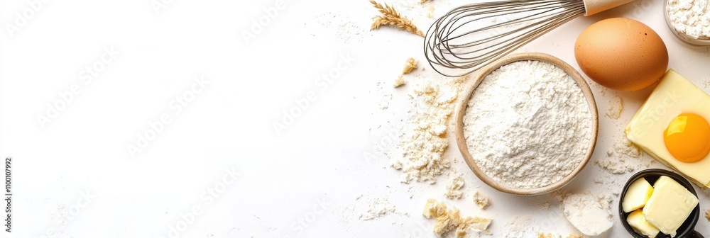 Poster flour, eggs, butter, and a whisk are neatly arranged on a white background, offering a perfect setup