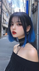 Fototapeta premium Young Japanese woman in urban setting at sunset 