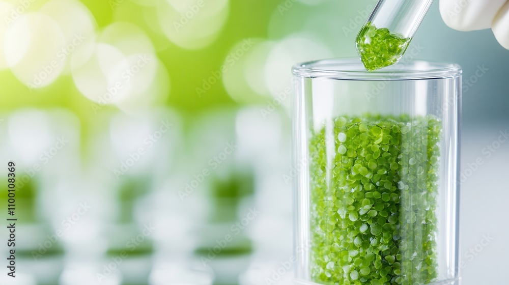 Poster a close-up of a hand adding green substances into a glass container, symbolizing scientific research