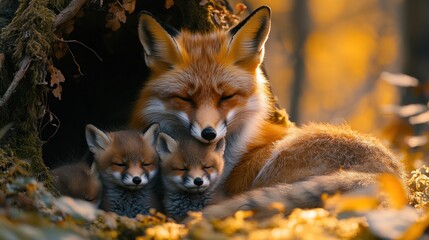 A mother fox cuddles her two kits in a serene, autumnal forest setting.
