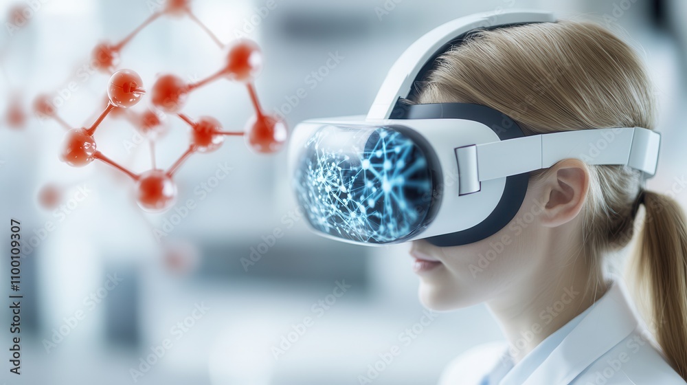 Poster a person wearing a vr headset explores a digital environment, with molecular structures visually rep