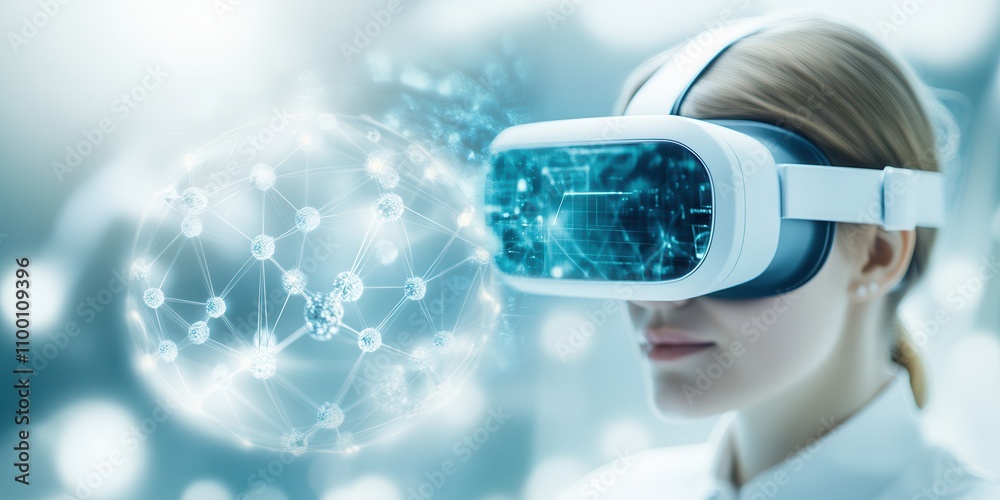 Poster a woman wears a virtual reality headset, immersed in a digital environment with glowing connections 