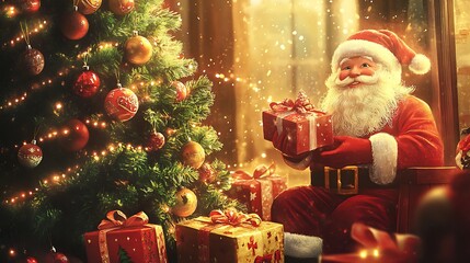 3. A Christmas banner template featuring a decorated tree, wrapped gifts, and a cheerful Santa illustration