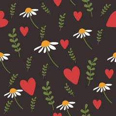 Obraz premium Seamless Pattern with Daisies, Hearts, and Green Leaves on Dark Background