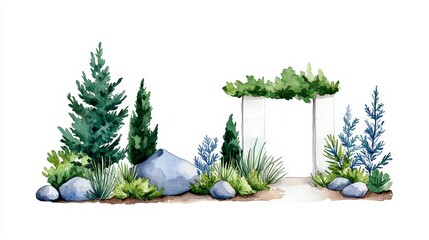 Fototapeta premium Nature and architecture are blended with trees and shrubs that frame a modern building.