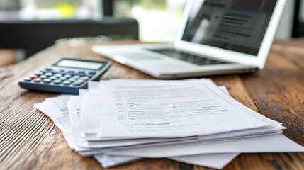 Obraz premium A financial report document with a pen and a calculator, lying on a polished office desk