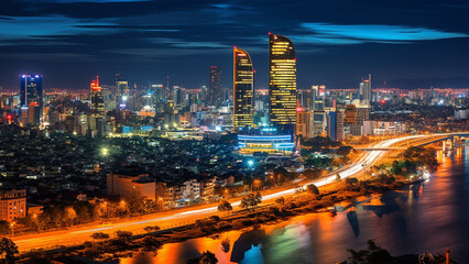 Fototapeta premium Vibrant Night Cityscape with Illuminated Skyscrapers and Highway. Concept of Urban Development, Modern Architecture, and Nightlife.