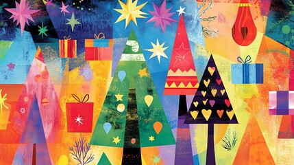 26. A colorful and modern Christmas card with playful patterns of trees, stars, and gifts in vibrant colors