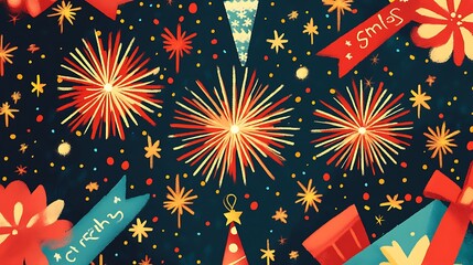 24. A joyful Christmas card featuring fireworks, holiday banners, and bold typography for a festive celebration