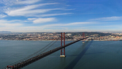 25 de Abril Bridge. One of the largest suspension bridges in the world. Connects Lisbon to Almada over the Tagus or Tejo River. Portugal