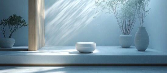 A serene, minimalistic interior with soft lighting and potted plants.