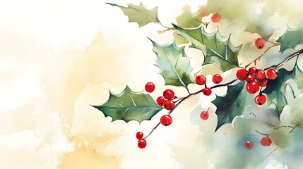5. A watercolor-style Christmas card with hand-painted holly leaves, berries, and warm holiday greetings