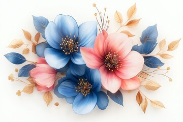 Obraz premium Elegant floral arrangement with pink and blue flowers, surrounded by golden and leafy accents, vivid illustration isolated on white background