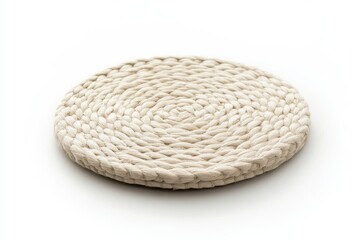 Obraz premium Round woven coaster in beige color, made of natural fibers, isolated on white background, perfect for home decor and tableware designs