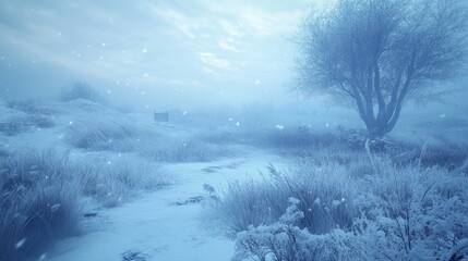 Fototapeta premium Snowy Mountain Landscape with Frost-Covered Tree and Path 