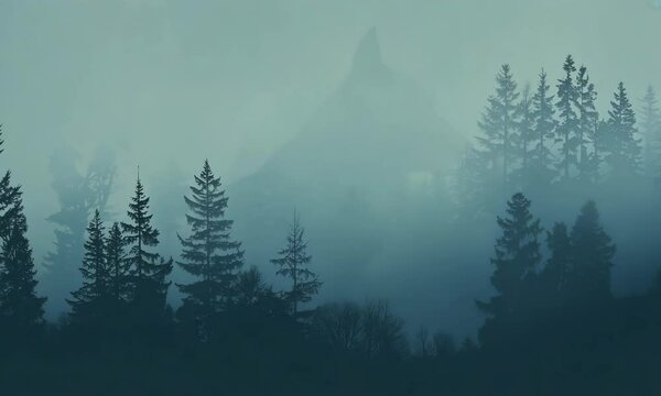 Double exposure of a wolf silhouette and a foggy forest creating an artistic image