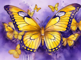 Stylised Yellow Butterfly on Purple Flower