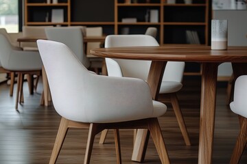 Fototapeta premium Modern interior with elegant chairs and a wooden table in a minimalistic setting
