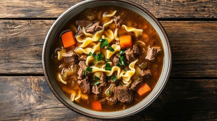 Fototapeta premium close up beef noodle soup in a modern bowl, top down view, rustic wooden background 