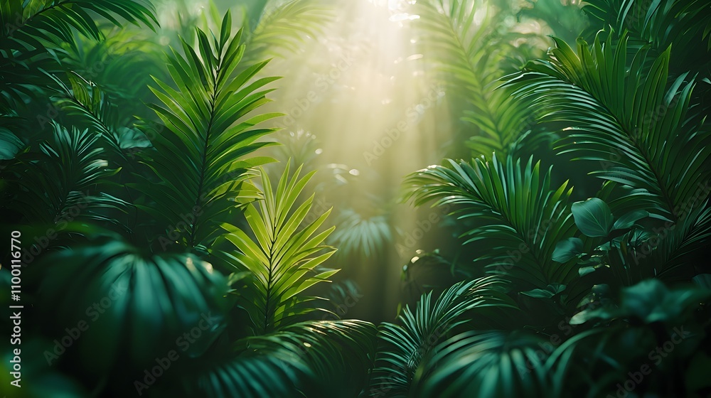 Poster lush green tropical foliage with sunlight streaming through dense canopy, creating a serene and tran