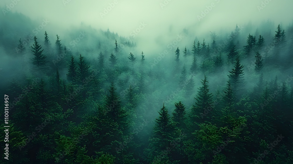 Poster breathtaking misty forest scene with lush green pine trees and dense fog creating a tranquil and ser