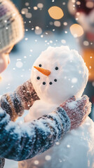Obraz premium Child carefully shaping a snowman’s face during a gentle snowfall, capturing the warmth of winter traditions and festive moments.