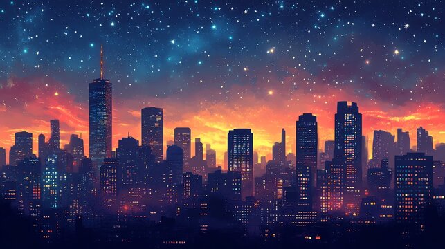Nighttime cityscape with illuminated windows dark sky silhouette urban serenity